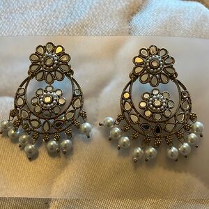 White pearl Indian earrings mirror work